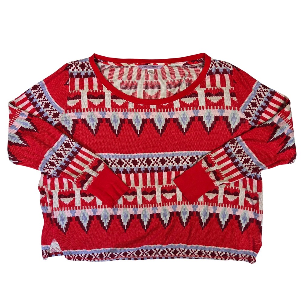 Victoria's Secret Red Fair Isle Thermal Pajama Top Waffle Knit Large Lounge
